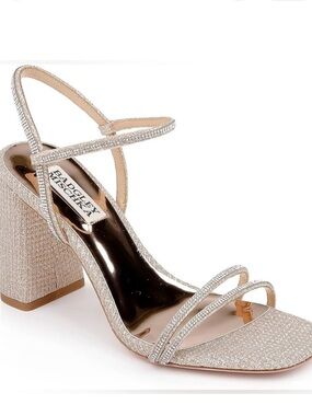 Badgley Mischka Glitter Champagne Strappy Block Heel Sandal